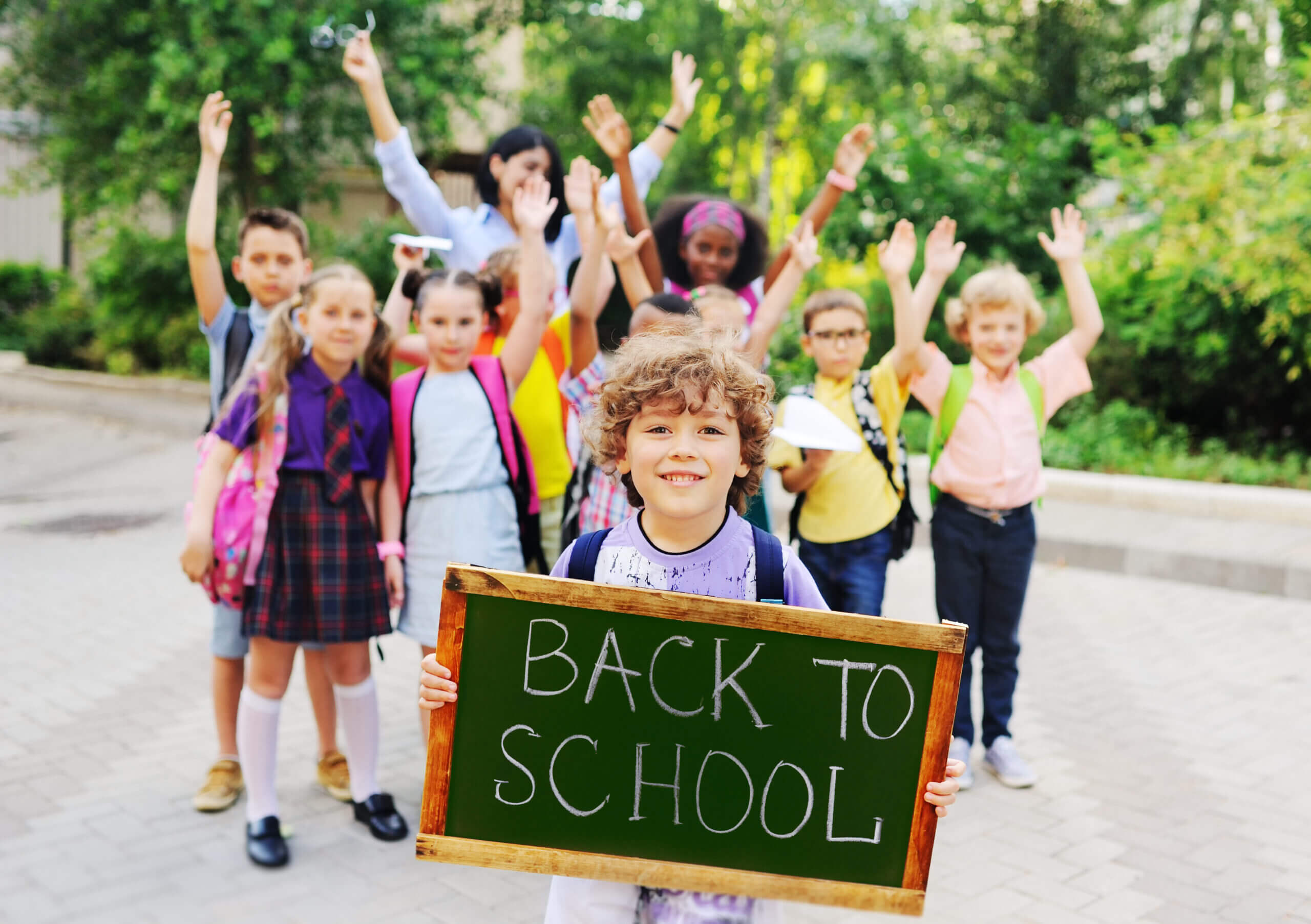 little schoolboy with curly hair on the background of a group of children classmates holding a sign with the inscription "back to school."