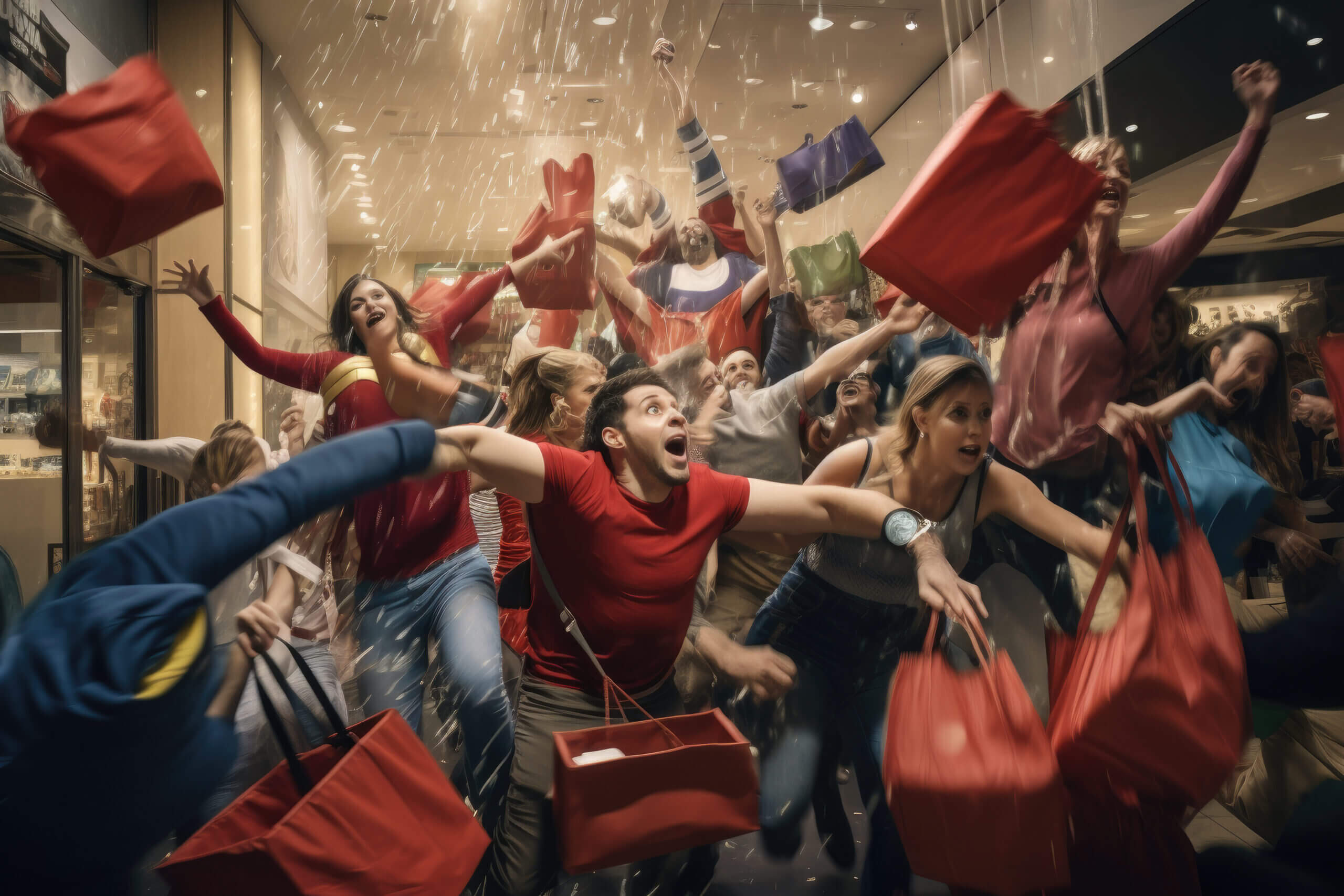 Midnight Black Friday shopping spree, with shoppers wielding shopping bags