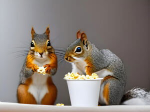 AI generative illustration of cute squirrels eating popcorn in your attic.